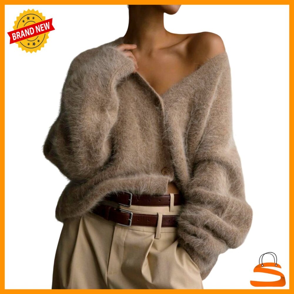 Oversized Fuzzy Cardigan Sweater V Neck Button Down Casual Furry Chic - Picture 1 of 7